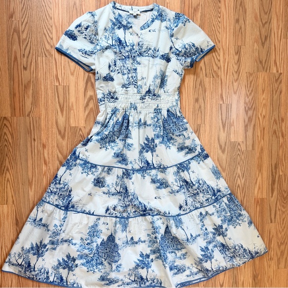 Blue White Toile Maxi Dress L Coastal Grandmother Cottagecore Tiered 100% Cotton - Picture 2 of 12